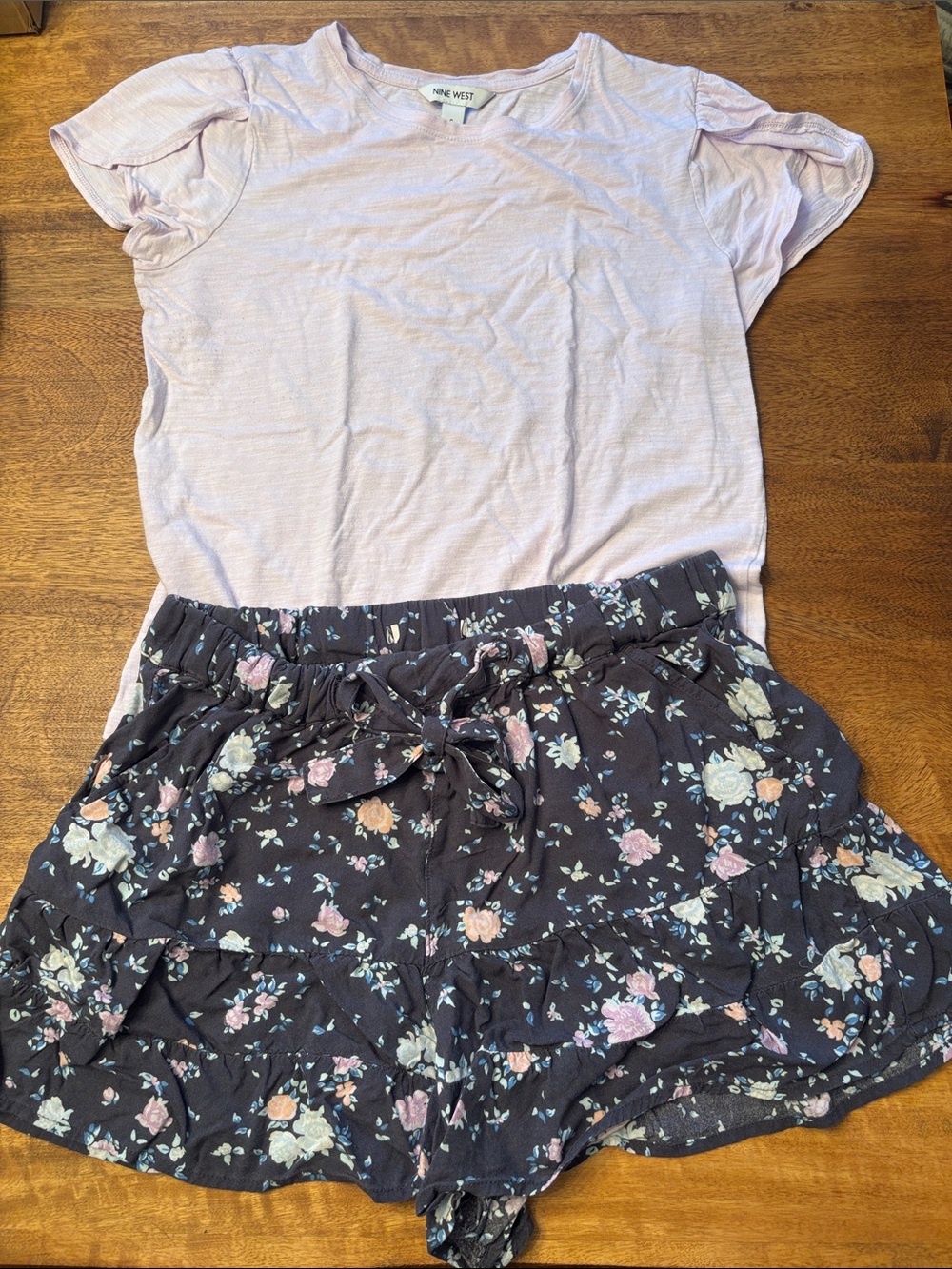 Nine West Pale lavender Tee with Black Floral Ruffle Shorts